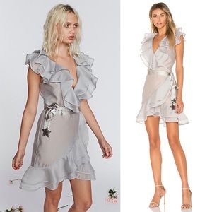 FOR LOVE & LEMONS Dove Metallic Organza Ruffle Star Wrap Dress in Grey